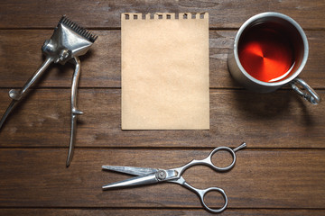 Old Vintage Manual Metal Hair Clipper, Scissors, Paper And Cup  