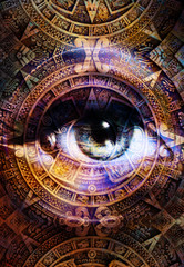 Fototapeta na wymiar Ancient Mayan Calendar and woman eye, abstract color Background, computer collage. Eye in circle light. 