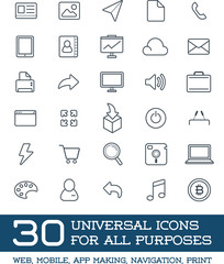 30 Universal Icons Set For All Purposes Web, Mobile, App Making, Navigation, Print