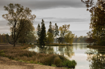 Autumn landscape with trees near the water in surrounding area of Saint-Petersburg