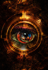 Ancient Mayan Calendar and woman eye,  abstract color Background, computer collage. Eye in circle light. 