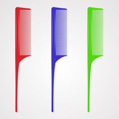 Vector illustration of three plastic hair combs with a tendrill.