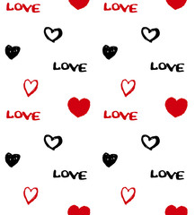 Seamless pattern with hand drawn heart symbols and the word LOVE