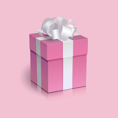 Pink present box with white ribbon bow.