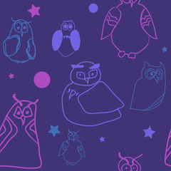 Seamless violet background with funny hand drawn owls.