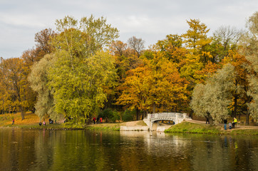Fototapeta na wymiar View of Karpin Bridge and pond in Palace park of Gatchina 