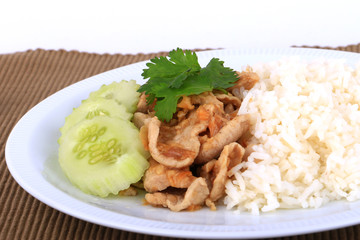 Thai Favorite Dish, Fried sliced pork with garlic with rice and cucumber in Bangkok, Thailand