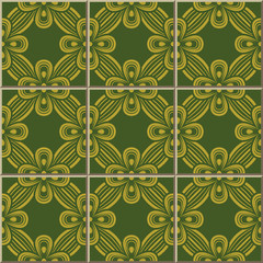 Vintage seamless wall tiles of green golden ribbon flower, Moroccan, Portuguese.
