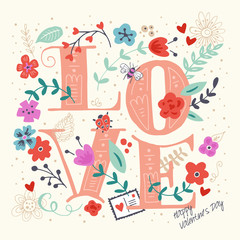 Valentine's day hand drawing card design with word Love and spri
