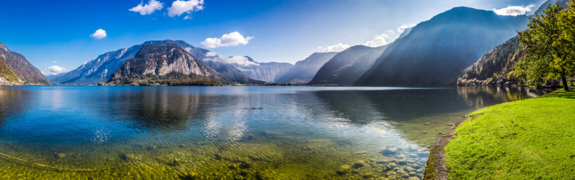 Panorama of crystal clear mountain lake in Alps