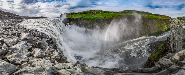 Panorama of great waterfall Dettifoss in Iceland