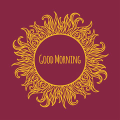 Illustration of sun with curved lines as the sun rays and a phra