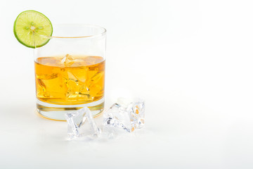 glass and bottle of whiskey on a white background, for semple text