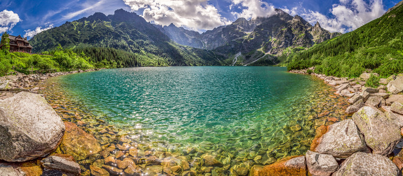 Fototapeta Panorama of lake in the middle of the Tatra mountains at dawn