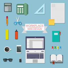 Flat Style Modern Office Workspace.Equipment for Workplace Design. Vector Illustration