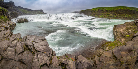 Panorama of huge Gullfoss waterfall in Iceland