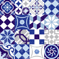Fototapeta na wymiar Seamless pattern vintage blue tile decoration