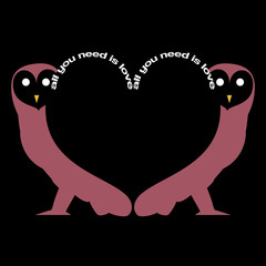 Two owls shaping a heart with all you need is love text, optical vector illustration, valentine's day greeting card