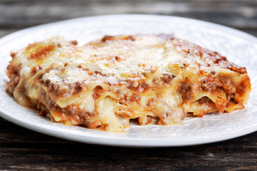 Baked italian home made lasagna on a plate