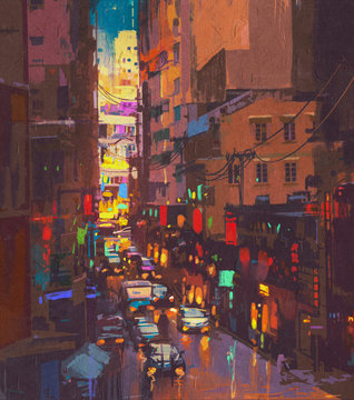 The city lights,evening traffic.digital painting