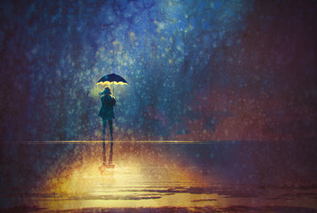 lonely woman under umbrella lights in the dark,digital painting © grandfailure