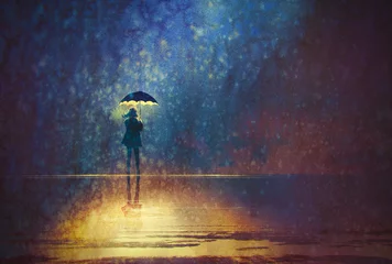 Schilderijen op glas lonely woman under umbrella lights in the dark,digital painting © grandfailure