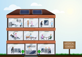 Multidisciplinary Clinic in the form of a modern building on a blue background.