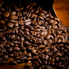 spilled coffee, coffee beans out of the box