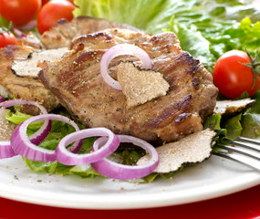 Meat grilled with mushroom black truffle