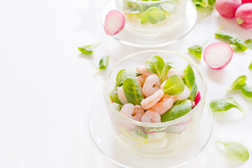 Portion of fresh salad with shrimps and radish