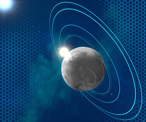 Pianeta circondato da anelli orbitali blu, spazio, fantascienza © Naeblys