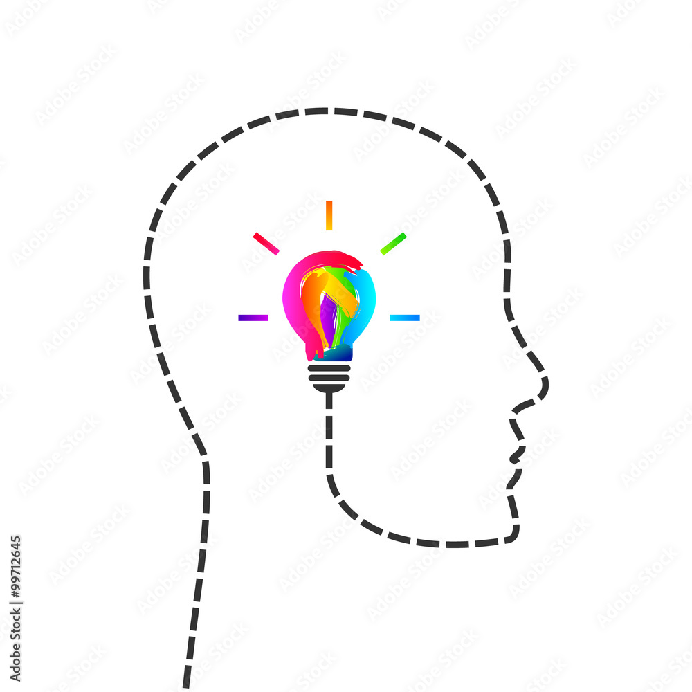 Poster creative mind concept . head and profile line made of dash line and lightbulb made of colorful paint
