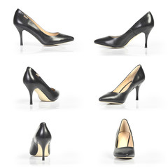 black heels from different angles on a white background