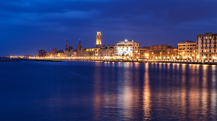 Bari night cityscape and  seafront. city lights at evening - obrazy, fototapety, plakaty