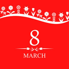 8 March card decorated different flowers on red background