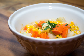corn soup close up in a bowl 