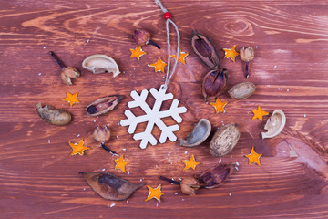Christmas background with decoration on wooden table. .