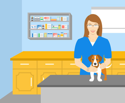 Vector flat illustration of young smiling woman veterinarian holding a dog at the table in veterinary office. Pets health care horizontal banner. Veterinary cartoon concept