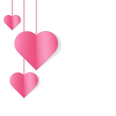 Romantic background with hanging pink hearts. Vector illustration.