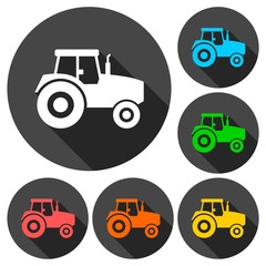 Tractor icons set with long shadow