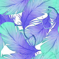 Fototapeta na wymiar Watercolor seamless pattern with bird feathers.