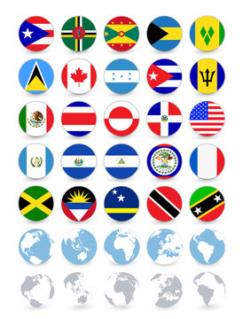 Americas flat round flags and globes