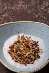 Granola with dried fruits in a bowl