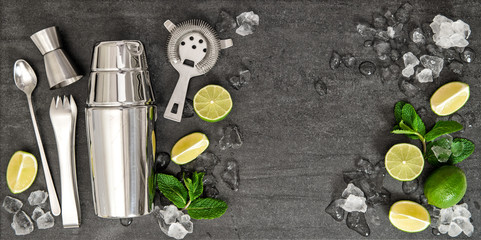 Bar accessories. Ingredients cocktail drink lime, mint, ice
