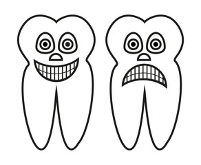 Vector outline cartoon illustration of healthy tooth and rotten tooth