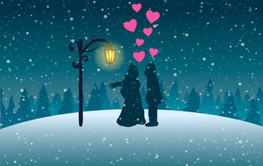 Vector illustration. St. Valentine's Day. Couple in love on the background lantern and snow.