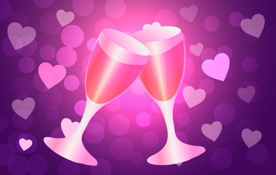 Vector illustration. St. Valentine's Day. Two glasses on the background of hearts.