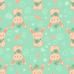 Stylish seamless texture with doodled cartoon rabbits in pink an