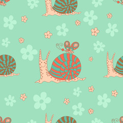 Stylish seamless texture with doodled cartoon snails in pink and