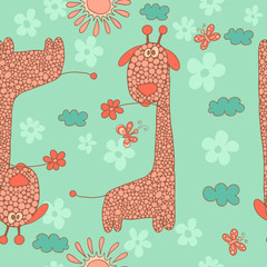 Stylish seamless texture with doodled cartoon giraffein pink and